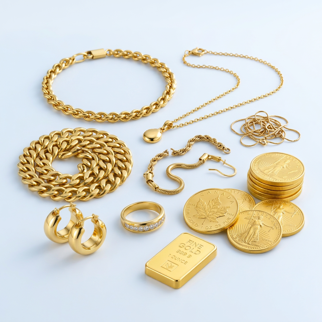 Oud goud, gouden kettingen, ringen en goudbaren